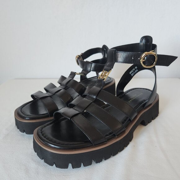 NWoB BEAU TODAY Leather Gladiator Sandals Open Toe Ankle Strap Platform Black - Picture 4 of 16